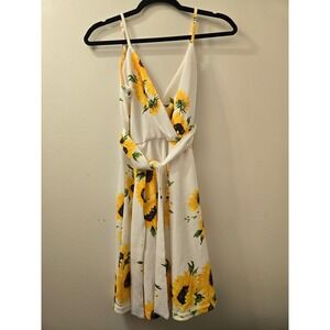 Women Sunflower Print Spaghetti Strap V Neck Dress With Belt Size S
